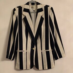 Smooth Women Linen Striped Navy Blue White Blazer Size 8